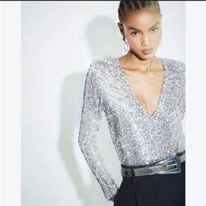 Express Silver Sequin V-Neck Top